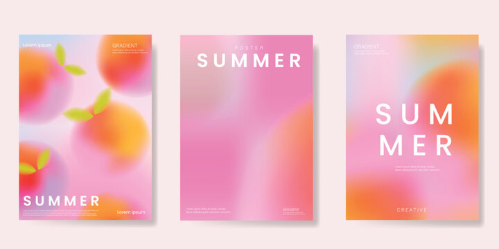 Abstract colorful gradient fruit card background set. Minimalist poster with peach. Modern summer and spring wallpaper design for drink menu, promotion, beverages, ads.