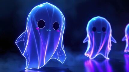 Colorful glowing ghosts dance playfully in a dark digital space during a Halloween celebration