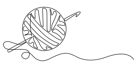 yarn and crochet hook continuous one line drawing, Knitting, ball of wool and needles Illustration, Balls of thread. Skein of knit. Vector art line, yarn ball and crochet hook crafting supplies pro.