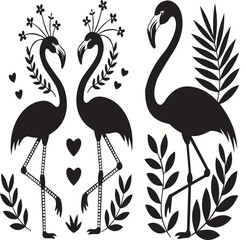 A charming collection of black silhouette illustrations featuring flamingos adorned with delicate floral elements and hearts. This elegant set is perfect for tropical-themed designs, wedding invitatio