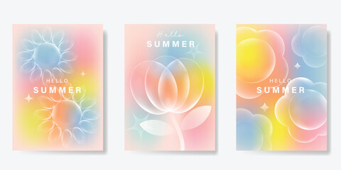 Fototapeta na wymiar Abstract colorful gradient flower card background set. Minimalist poster with flower. Modern summer and spring wallpaper design for drink menu, promotion, beverages, ads.
