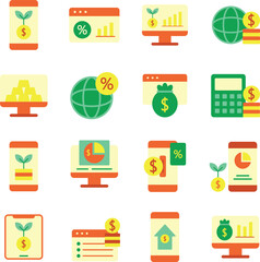 Online Investment illustration set. Includes of digital investment, stock market, finance, trading, investment portfolio, online trading, stocks, and More. Vector flat color collection