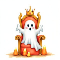 Cute ghost character sitting on a fancy throne surrounded by candy corn, perfect for Halloween decorations and festivities
