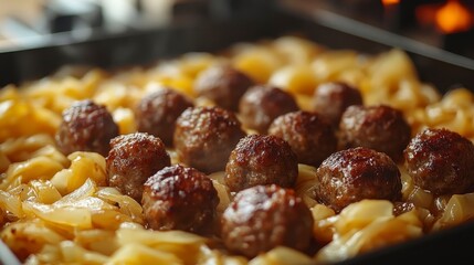 Meatballs over sliced vegetables on pan, ready