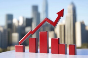 Red upward trending graph over cityscape