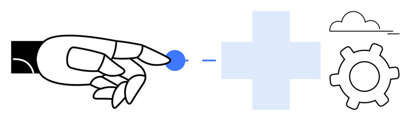 Robotic hand touches a digital point, plus sign, cloud, and gear. Ideal for technology, AI, innovation, automation teamwork digital transformation connectivity. Flat simple metaphor