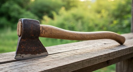 Rustic axe on weathered wooden surface with green backdrop serenity