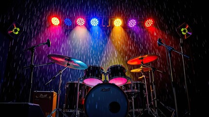 Rain-Soaked Stage with Drum Kit and Colorful Lights