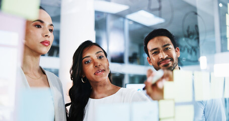 Obraz premium Glass wall, teamwork and business people with ideas, planning and social media for company. Employees, feedback and PR agency with brainstorming, creativity and support for proposal and conversation