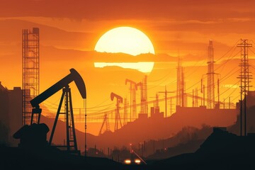 Silhouette oil rig at sunset over industrial landscape