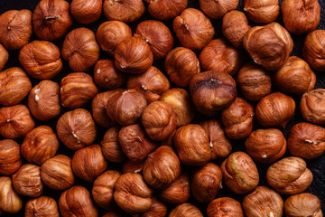Close-up shot of a pile of shelled hazelnuts