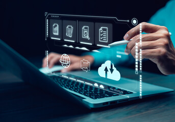 Man touching connect to data information on the Cloud Computing Technology Internet Storage Network Concept And a large database big data Through internet technology, Cloud sharing download and upload