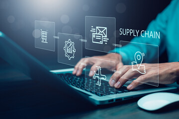 Supply Chain Management concept transportation and logistic suppliers, import export and transport industry. network distribution growth. container cargo ship and trucks of industrial cargo freight