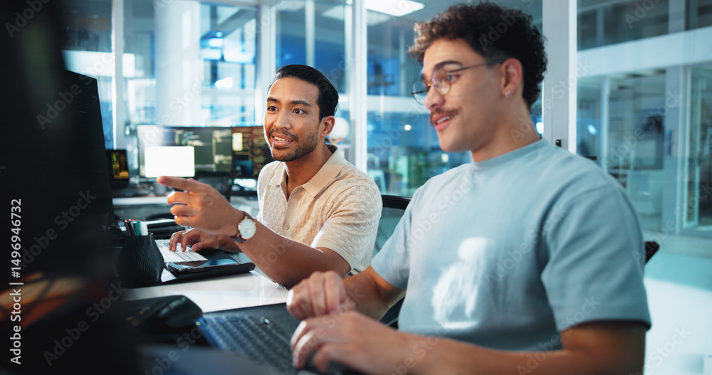 Poster Computer, programmer and discussion with people in office for game designer, coding app and ux update. Software development, research and level gameplay with employee at night for coworking agency