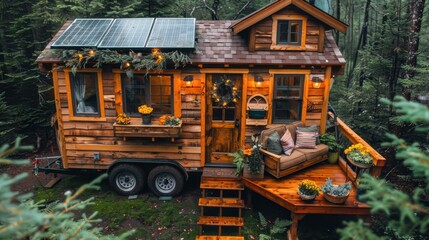 A person installing solar panels on a tiny house in the middle of a green forest, sustainable energy, photorealistic