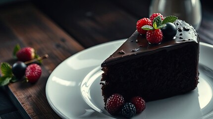 Rich chocolate cake slice with glossy ganache and fresh berries display