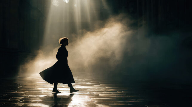 Individual Walking Through Rain with Dynamic Pose and Wind in Long Coat Under Dramatic Light