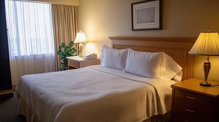 Hotel bedroom with white pillow and lamp on clean bedside table