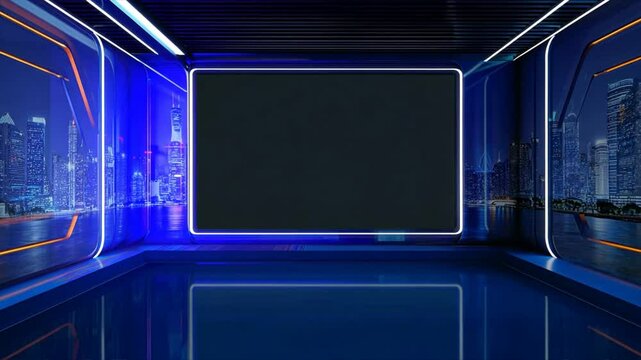 Virtual tv studio background with blue and white neon glowing lines, dynamic podcast studio and modern social setup in empty studio