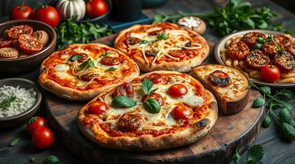 Rustic wooden board showcasing an assortment of gourmet mini pizzas and pasta
