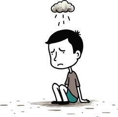 Vector cartoon stick figure drawing conceptual illustration of sad or depressed man siting alone