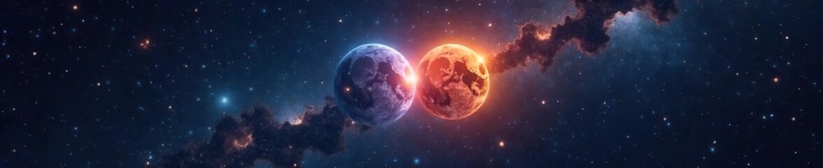 Obraz premium Two celestial bodies, mirroring each other, shine brightly in the night sky A stunning astrological double star system, evocative of twin constellations , mirror, astrological
