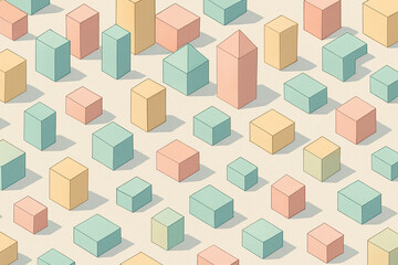 Obraz premium Abstract cityscape composed of pastel geometric buildings in an isometric pattern, illustrating urban layout or planning concept.