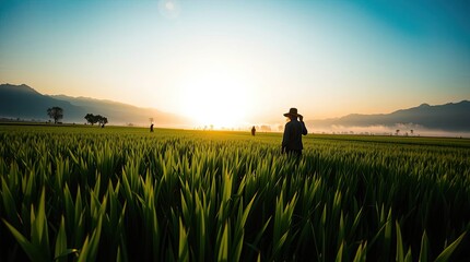 Serene field at dawn with silhouette of a person enjoying the sunrise view