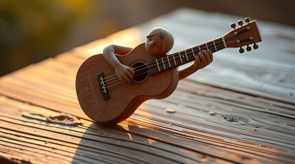 Serene doll musician playing ukulele on wooden surface in warm sunlight