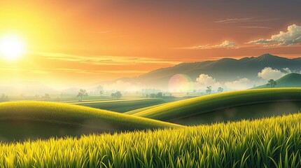 Serene landscape of rolling green hills and vibrant yellow fields under a warm sunset