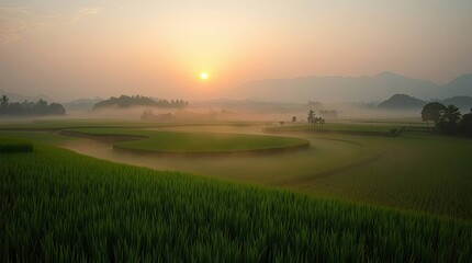 Serene rice terraces blanketed in morning mist at sunrise landscape
