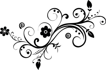 This symmetrical, black and white floral scroll design features intricate swirls, leaves, and small flowers arranged in a flowing pattern.