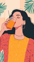 Stylish Woman with Dark Hair Drinking Orange Juice in a Modern Graphic Style