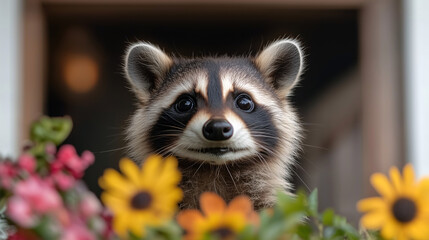 A raccoon exploring a backyard garden, with colorful flowers and plants