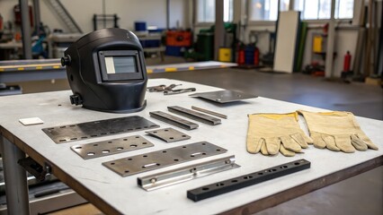 construction worker steel beam building process. Welding equipment arranged on a table, including a helmet, gloves, and metal pieces, in a workshop setting with tools in the background.