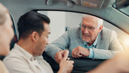 Fototapeta premium New car, happy couple or salesman with keys at dealership for purchase success, transport hire or buyer. Drive, give or excited customer with smile for automobile collection, loan or rental agreement