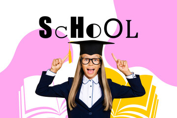Contemporary image art collage of happy schoolgirl wear master degree hat open book doodle literature subject preparation
