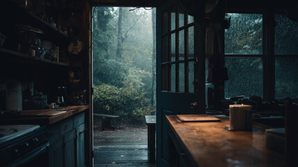 Obraz premium Cozy Humble Kitchen with Open Door and Rainy View Creating a Calm and Serene Atmosphere Amidst Chaos