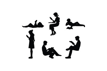 Silhouette Vector Collection of Boys and Girls Reading Books in Various Poses and Activities