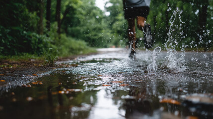 Fototapeta premium Jogger Splashing Through Water Puddles on a Rainy Day in a Serene Natural Environment