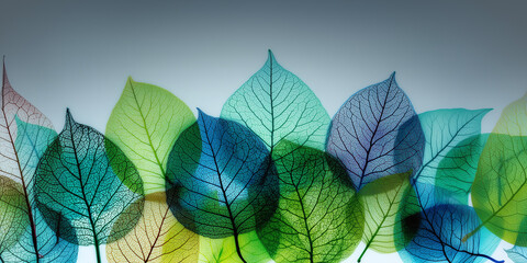 Naklejka premium A layered composition of translucent leaves in teal, green, and amber hues, forming a delicate botanical abstract background.