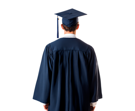 Graduate wearing cap and gown stands proudly isolated on transparent background