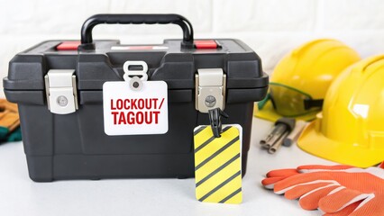 construction worker steel beam building process. A toolbox with a "LOCKOUT/TAGOUT" tag, surrounded by safety helmets and gloves, emphasizing workplace safety.