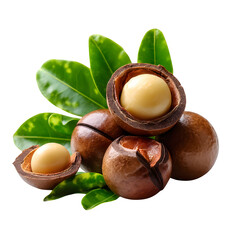 Macadamia nuts with tropical leaves, whole and shelled nuts showing smooth interiors, isolated on white