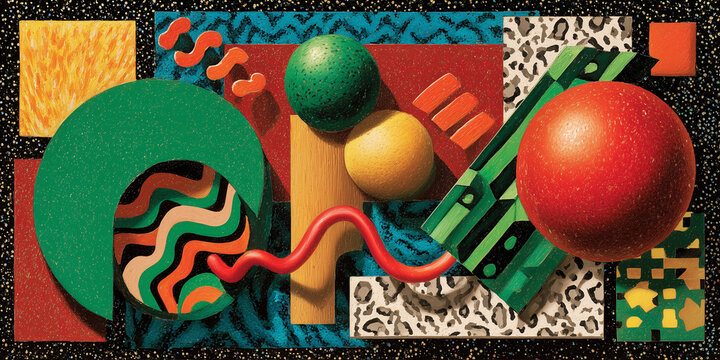 A bold, colorful mix of spheres, patterns, and shapes creating a surreal 3D abstract design in Memphis style.