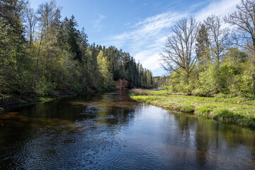 View to the river Salaca from high sandstone cliff in Skanaiskalns Nature park in May in Mazsalaca in Latvia