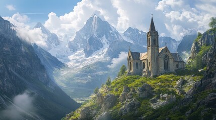 A church sits high in the Alps mountains. It's a scenic mountain view with a church nestled within the Alpine landscape.
