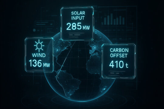 Holographic interface displaying real time renewable energy data including solar input, wind power, and carbon offset over digital globe, showing futuristic technology and environmental monitoring