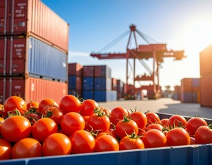 Fresh tomatoes in a crate with shipping containers and a crane in the background on a sunny day