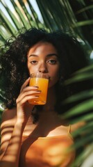 Asian Woman Drinking Orange Juice Outdoors Amid Palm Fronds Enjoying Refreshment
